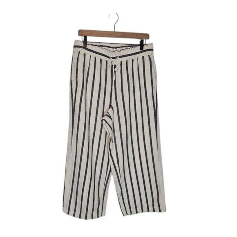 J Crew Women Sz 12 Linen Blend Wide Leg Ankle Pants Blue White Stripe Boho Beach